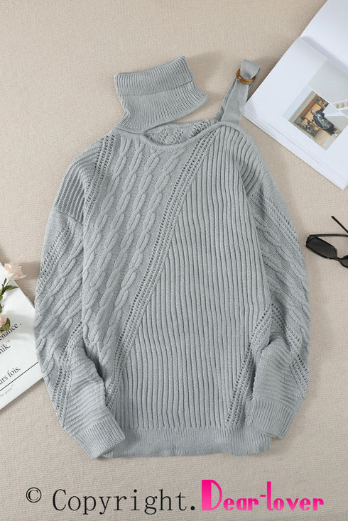 Strapped Cut Out Shoulder Turtleneck Sweater